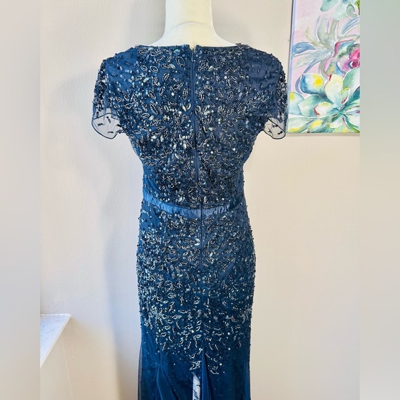ADRIANNA PAPELL Gown Maxi Dress Sequin Midnight Blue Embellished Cap Sleeve $229 - Picture 10 of 11
